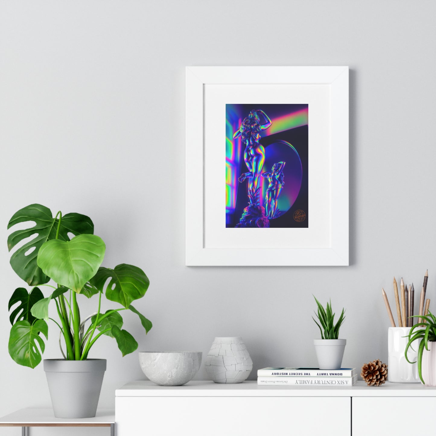 Neon Goddess Framed Poster — Retro Futuristic Statue Art Print