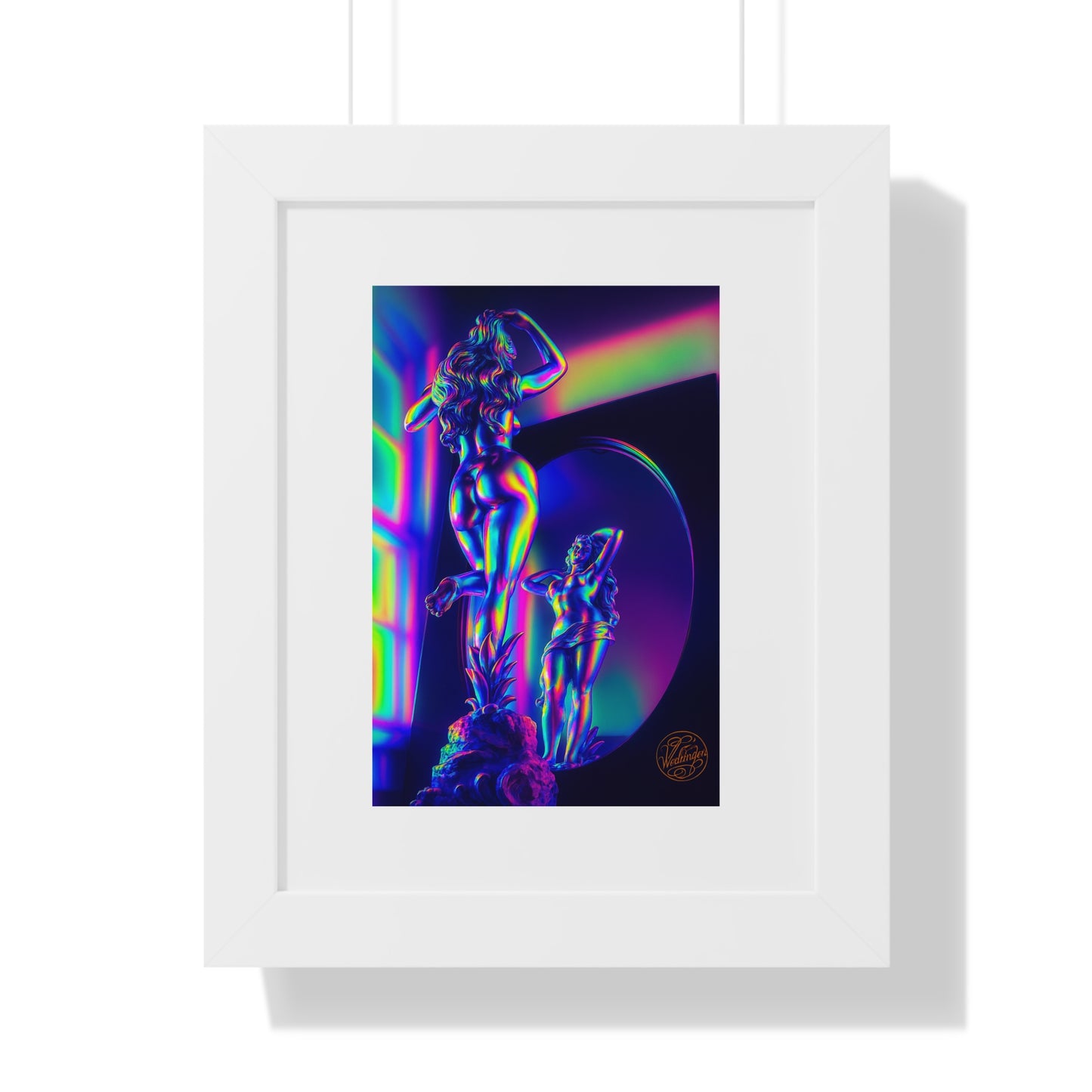 Neon Goddess Framed Poster — Retro Futuristic Statue Art Print