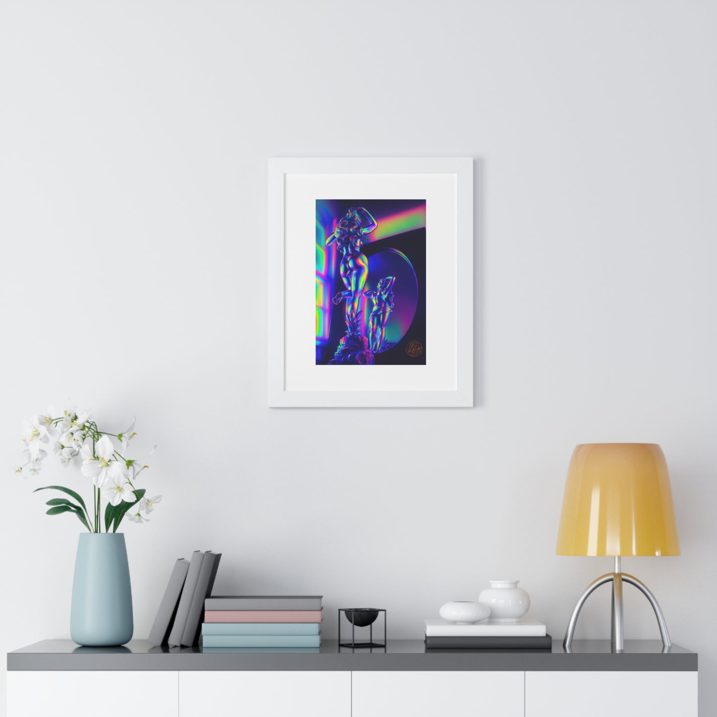 Neon Goddess Framed Poster — Retro Futuristic Statue Art Print